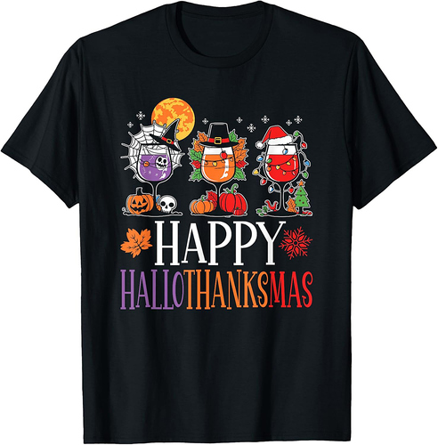 Happy Hallothanksmas Halloween Thanksgiving Christmas Wine T-Shirt