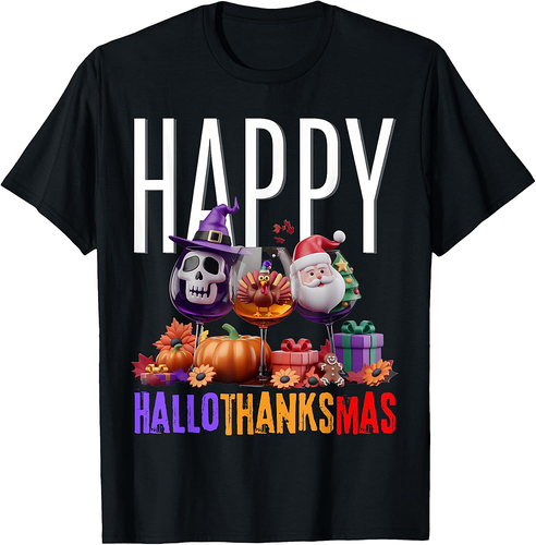 Happy Hallothanksmas Halloween Thanksgiving Christmas squad T-Shirt