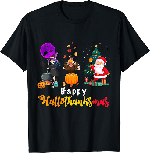 Happy Hallothanksmas Halloween Thanksgiving Merry Christmas T-Shirt