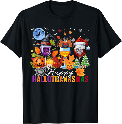 Happy Hallothanksmas Halloween Wine Thanksgiving Christmas T-Shirt