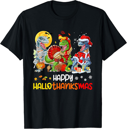 Happy Hallothanksmas Thanksgiving Dinosaur T Rex Turkey T-Shirt