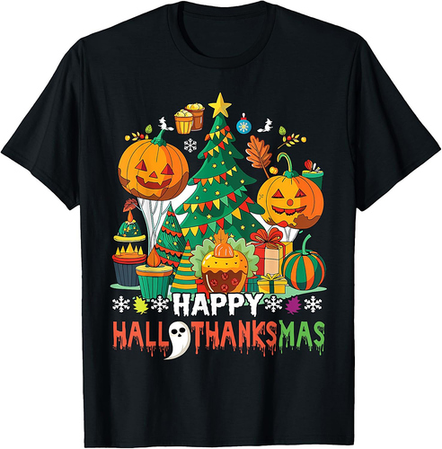 Happy Hallothanksmas Thanksgiving Halloween Merry Christmas T-Shirt