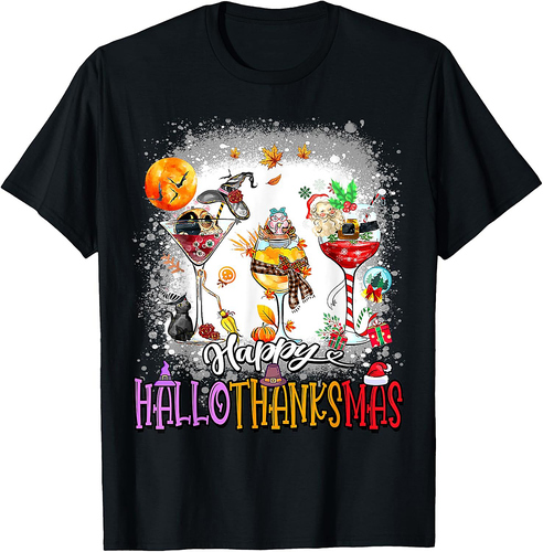 Happy Hallothanksmas Wine Glass Halloween thanksgiving Xmas T-Shirt