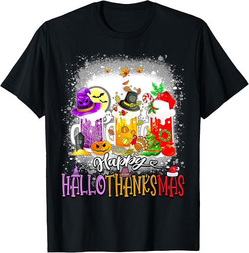 Happy Hallothanksmas Wine Glass Halloween thanksgiving Xmas T-Shirt