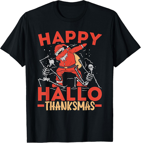 Happy Hallothanksmas Wine Halloween Thanksgiving Christmas T-Shirt