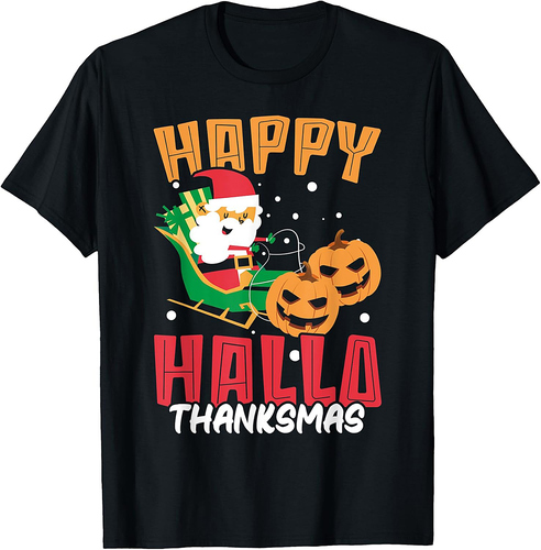 Happy Hallothanksmas Wine Halloween Thanksgiving Christmas T-Shirt