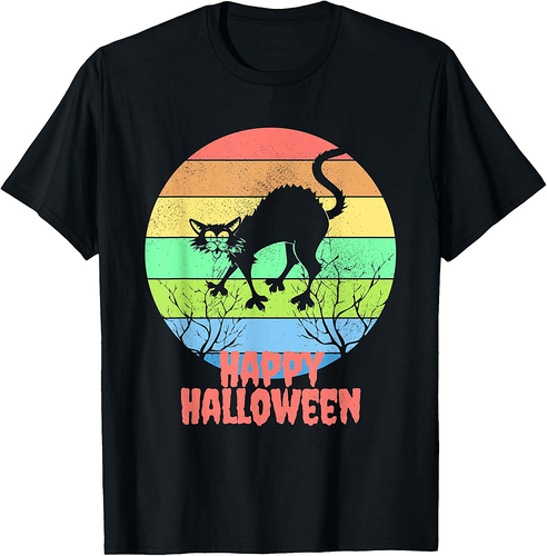 Happy Halloween Cat Vintage Women Men Kids Funny Scary Gift T-Shirt