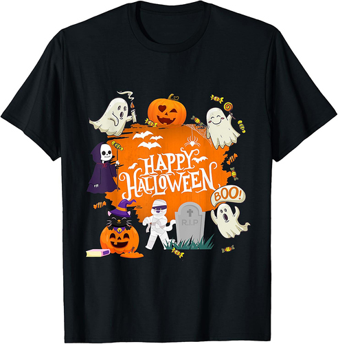 Happy Halloween Scary Ghost Zombie Cat Pumpkin T-Shirt