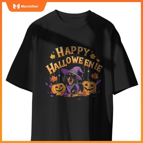 Happy Halloweenie Dachshund Witch Dog Halloween Pumpkin T-Shirt
