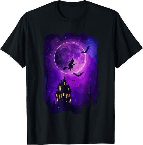 Haunted Mansion Shirt, Spooky Full Moon Witch Bats Halloween T-Shirt