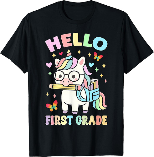 Hello First Grade Cute Rainbow Unicorn Back to School Girls T-Shirt