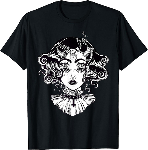 Horned Devil Girl Tshirt - Satanic Halloween Glitch Goth Tee T-Shirt