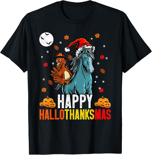 Horse Happy Hallothanksmas Halloween Thanksgiving Christmas T-Shirt