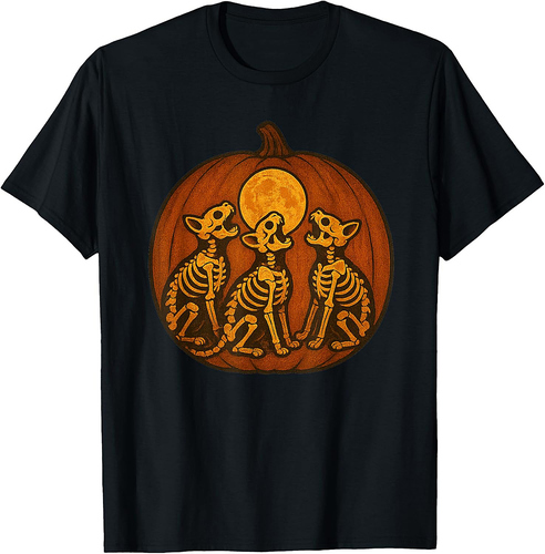 Howling Skeleton Cats Pumpkin Moon Halloween Artwork T-Shirt