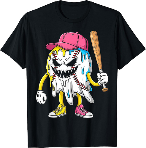 Ice Cream Drip Ghost Baseball Spots Baseball Drip Halloween T-Shirt