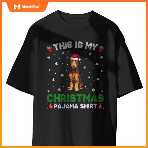 Irish Wolfhound Dog Wearing Santa Hat Matching Xmas Pajama T-Shirt