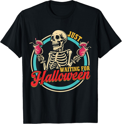 Just Waiting For Halloween Funny Skeleton Summerween Vibes T-Shirt