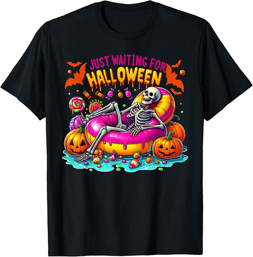 Just Waiting Halloween Skeleton Funny Pumpkin Pool Summer T-Shirt