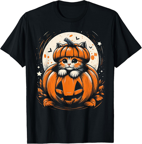 Kitten in Pumpkin Halloween Moonlight for Men and Women T-Shirt