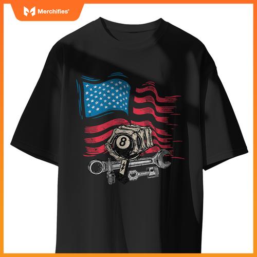Mechanic Auto Car Repair American Flag Vintage Graphic T-Shirt