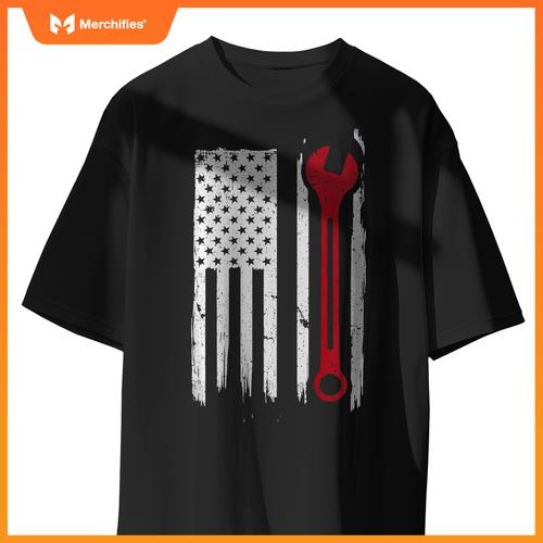 Mechanic Wrench Flag USA American Patriotic Repairman Car T-Shirt