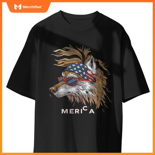 Merica - Wolf Patriotic USA 4th of July American Flag Funny T-Shirt