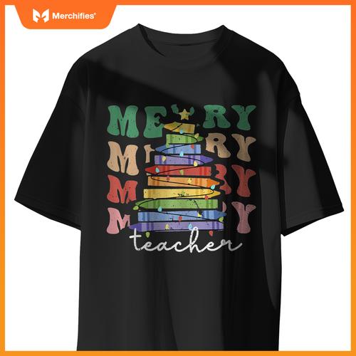 Merry Teacher Christmas Tree Lights Pencils School Xmas