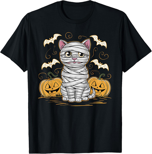 Mummy Cat Baby Halloween Spooky Kitten Pumpkins And Bats T-Shirt