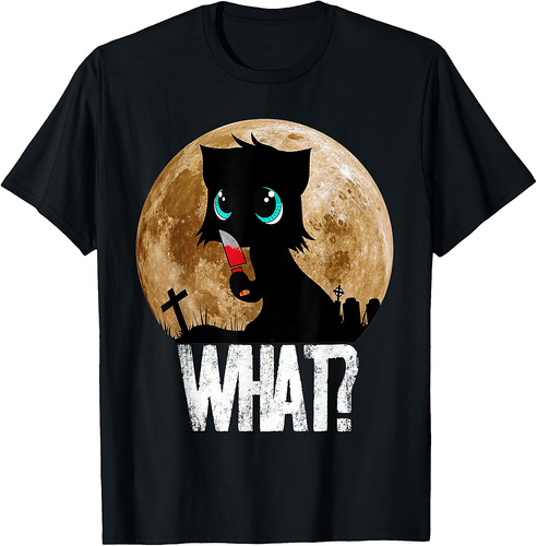 Murderous Black Cat What With Knife Full Moon Halloween Tee Men Women T-Shirt