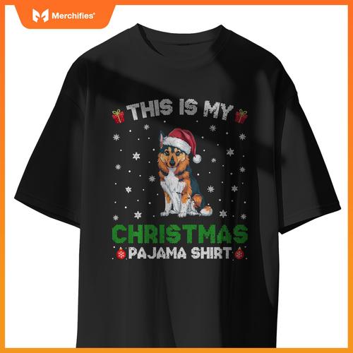 Norwegian Elkhound Dog Wearing Santa Hat Matching Xmas Pj T-Shirt