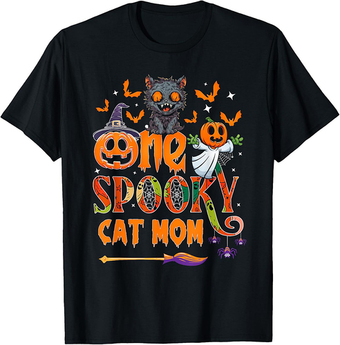 One spooky Cat Mom funny Halloween Cat Mom Black cat ghost T-Shirt for Men Women Kids