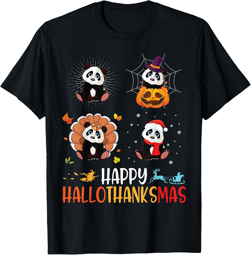 Panda Happy Hallothanksmas Halloween Thanksgiving Christmas T-Shirt