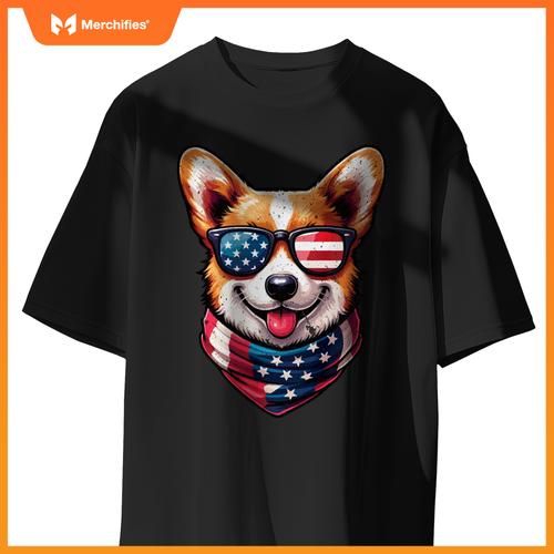 Patriotic Corgi Shirt with American Flag Sunglasses Cute Dog T-Shirt
