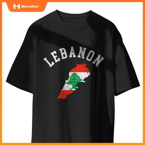 Patriotic Men Women Lebanon Flag Map Distressed T-Shirt