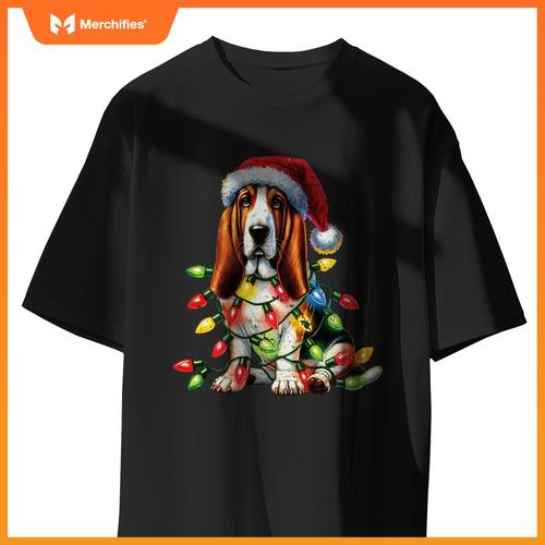 Pet Animal Basset Hound Dog Lover Santa hat Christmas Lights T-Shirt