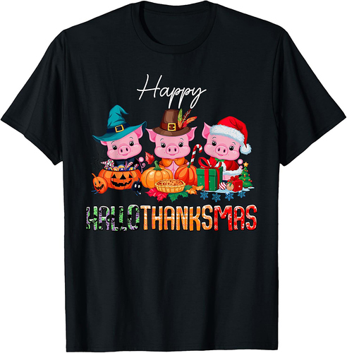 Pigs Happy Hallothanksmas Halloween Thanksgiving Christmas T-Shirt
