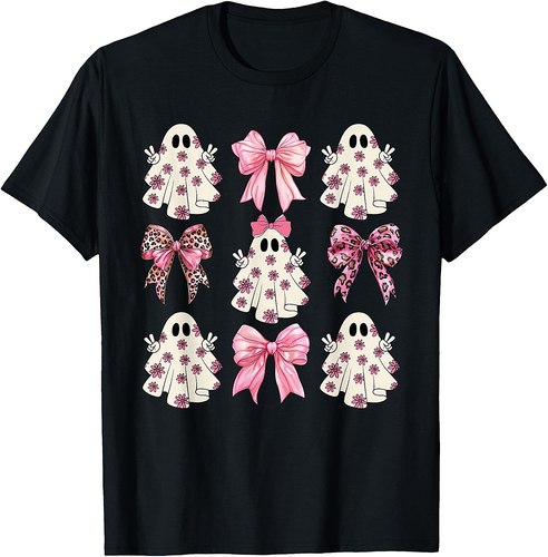 Pink Ghost Florals Coquette Bows Pumpkins Halloween Girls T-Shirt