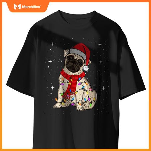 Pug Dogs Christmas Light Santa Hat Puggy Lover Xmas T-Shirt