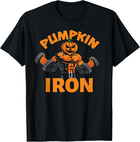 Pumpkin Iron Halloween Gym Workout Lifting Pun Funny T-Shirt