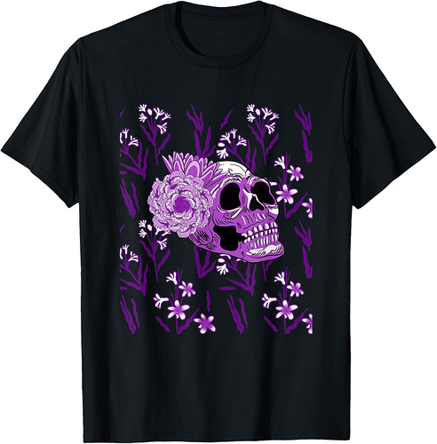 Purple Skull Flower Cool Floral Scary Halloween Gothic Theme T-Shirt