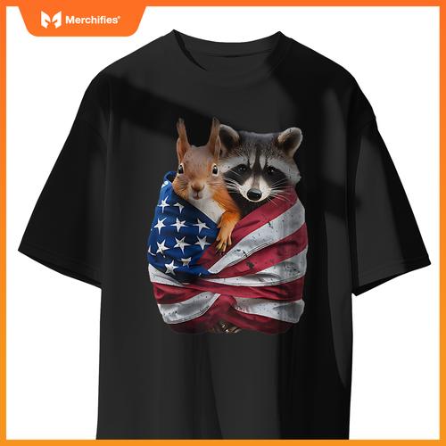 Raccoon And Squirrel Patriotic American Flag Premium T-Shirt