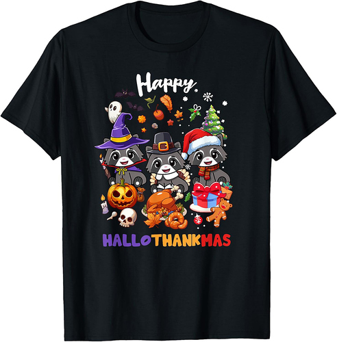 Raccoon Happy Hallothankmas Christmas Thanksgiving Halloween T-Shirt
