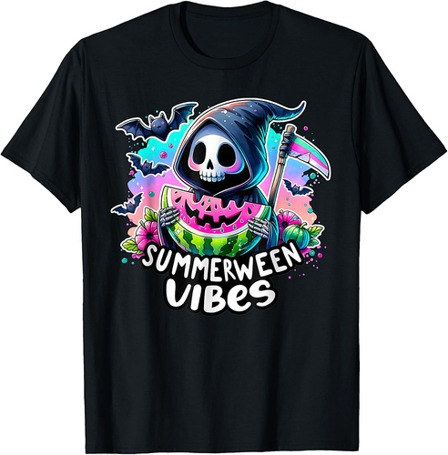 Retro Ghost Summerween Vibes Skeleton Summer Halloween T-Shirt