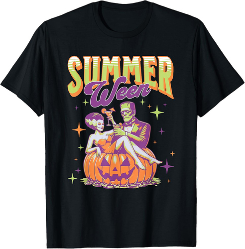 Retro Happy Summerween Funny Frankenstein Monster And Bride T-Shirt
