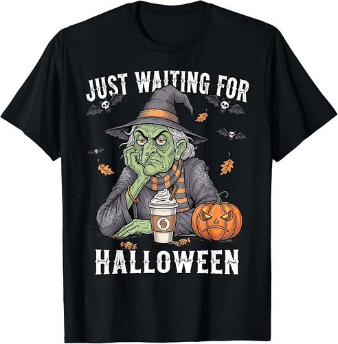 Retro Just Waiting for Halloween Witch Pumpkin Spooky Fall T-Shirt