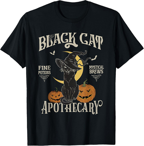 Retro Scary Halloween Costume Black Cat Salem Apothecary T-Shirt