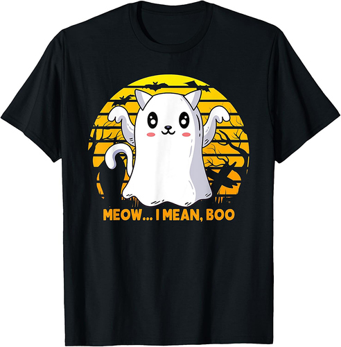 Retro Vintage Meow i mean Boo Halloween Cat Ghost Meow Cat T-Shirt