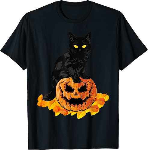 Scary Cat With Pumpkin Halloween Fall Autumn Vintage T-Shirt