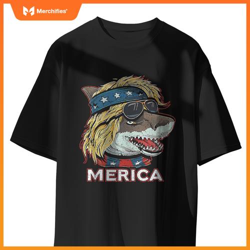 Shark - Patriotic USA 4th of July American Flag Mullet Funny T-Shirt