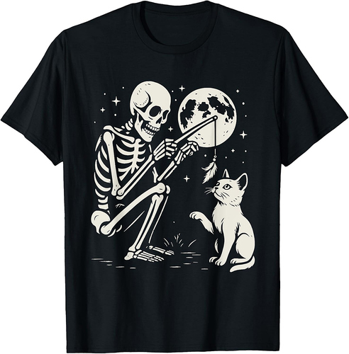 Skeleton Cat Moon Night Halloween Funny Cute Men Women Girls T-Shirt